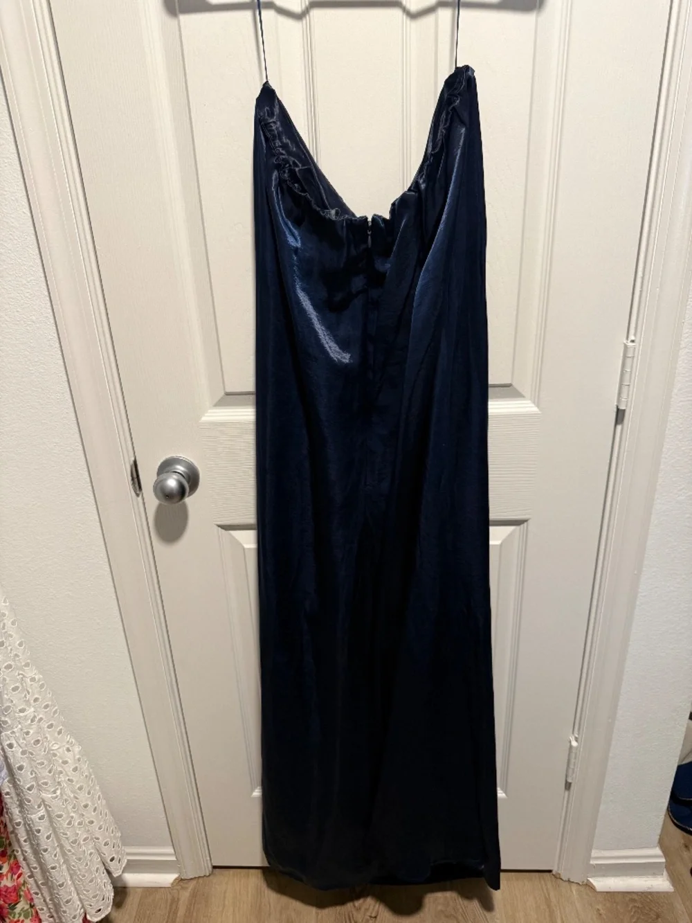 Abercrombie & Fitch Strapless Midnight Blue Satin Maxi Dress, size XL
